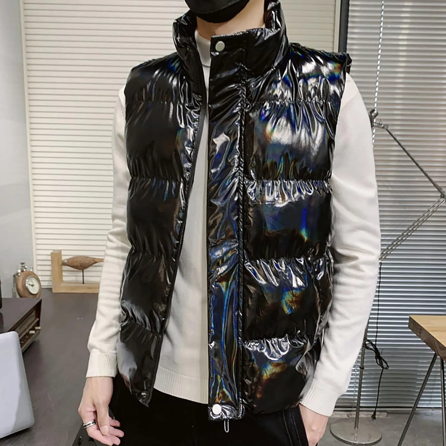 WENKOMG1 Mens Shinning Puffer Vest,Sleeveless Winter Fall Reflective Padded Down Outerwear Lightweight Packable Vest
