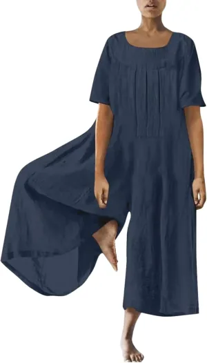 Wide Leg Jumpsuits Women Oversized Short Sleeve Boho Beach Jumpsuits Classy Utility Overalls Cotton Onesie Rompers