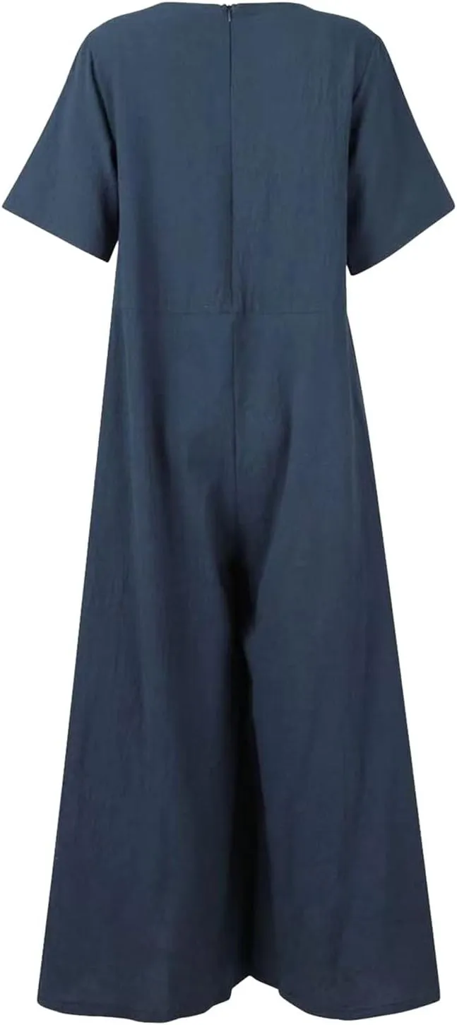 Wide Leg Jumpsuits Women Oversized Short Sleeve Boho Beach Jumpsuits Classy Utility Overalls Cotton Onesie Rompers