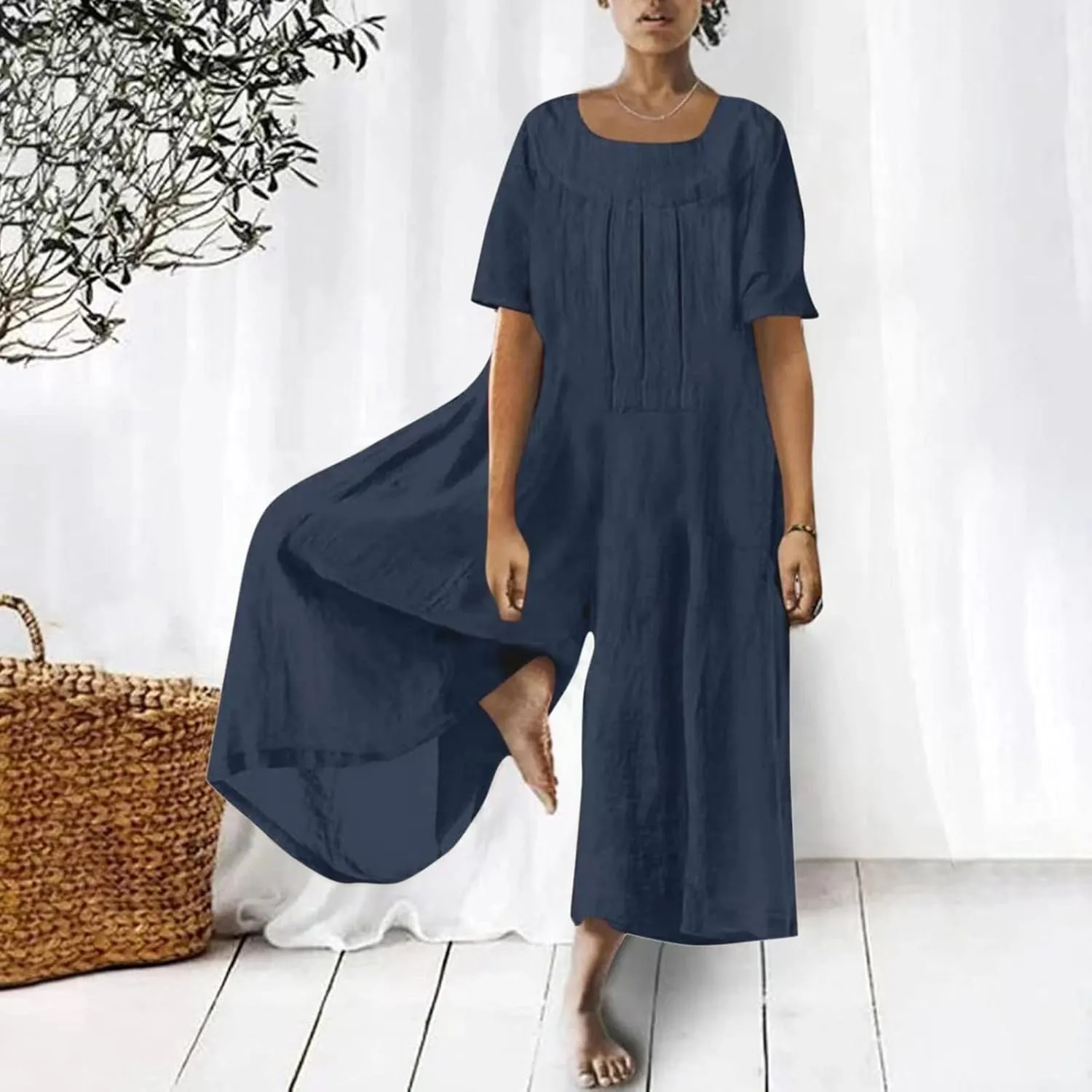 Wide Leg Jumpsuits Women Oversized Short Sleeve Boho Beach Jumpsuits Classy Utility Overalls Cotton Onesie Rompers