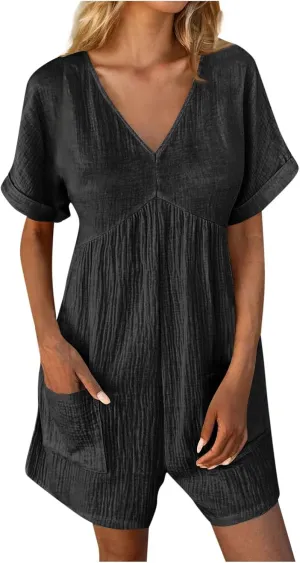 Women 2024 Summer Short Rompers Cotton Linen Jumpers Dressy Casual Tshirt Romper Jumpsuit Trendy Boho Outfits
