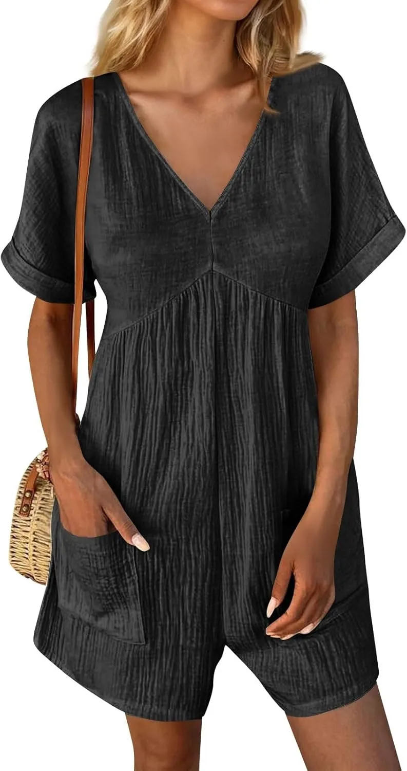 Women 2024 Summer Short Rompers Cotton Linen Jumpers Dressy Casual Tshirt Romper Jumpsuit Trendy Boho Outfits