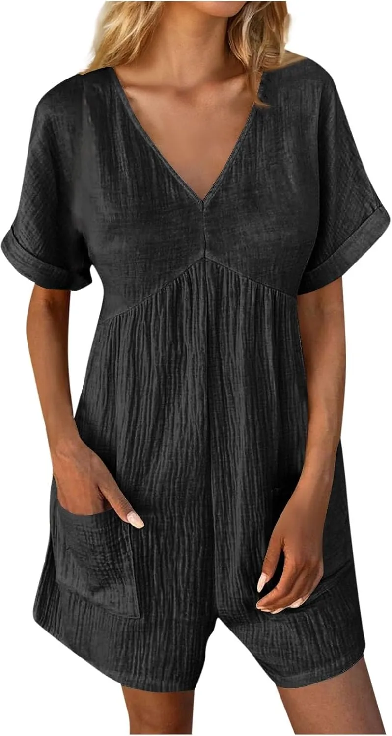 Women 2024 Summer Short Rompers Cotton Linen Jumpers Dressy Casual Tshirt Romper Jumpsuit Trendy Boho Outfits
