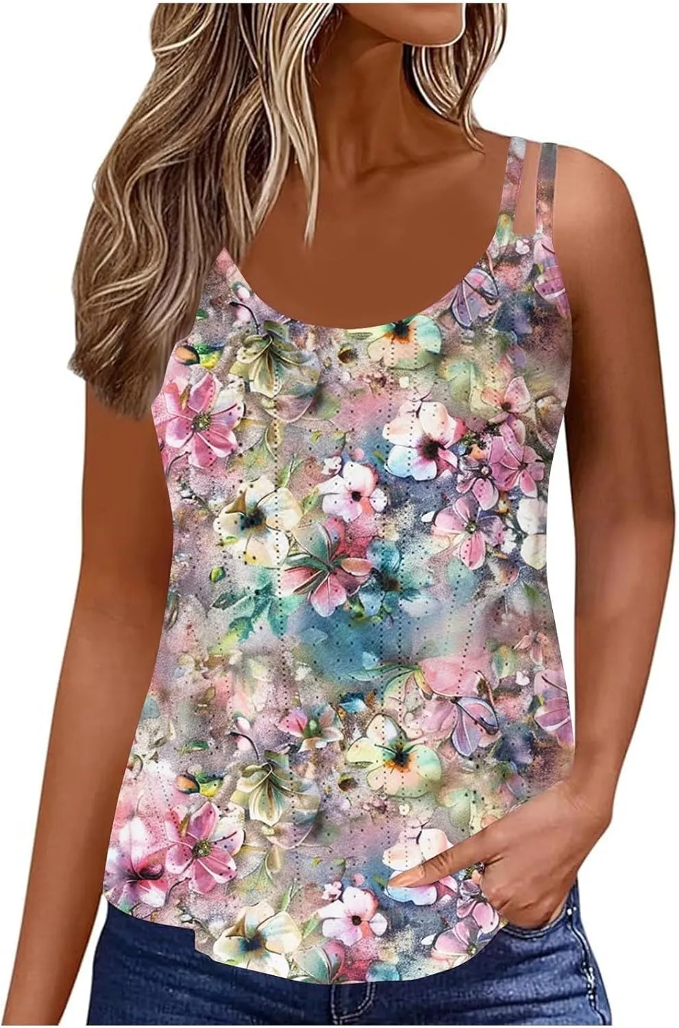 Women Crew Neck Tops Sleeveless Summer Shirts Floral Print Tank Tops Spaghetti Straps Casual Blouses Shirt Flowy Tee