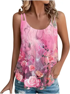 Women Crew Neck Tops Sleeveless Summer Shirts Floral Print Tank Tops Spaghetti Straps Casual Blouses Shirt Flowy Tee
