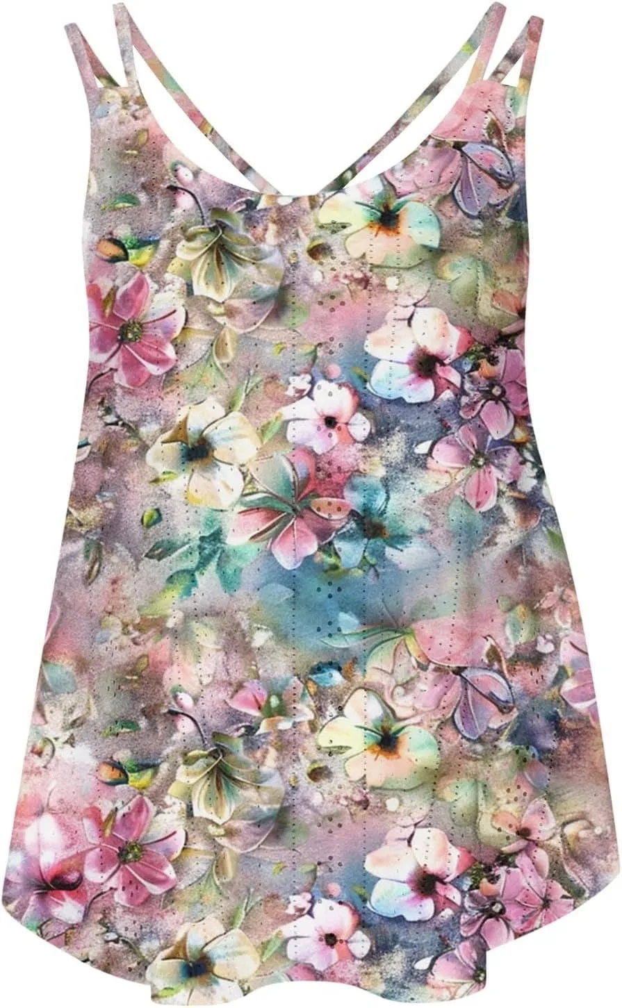 Women Crew Neck Tops Sleeveless Summer Shirts Floral Print Tank Tops Spaghetti Straps Casual Blouses Shirt Flowy Tee