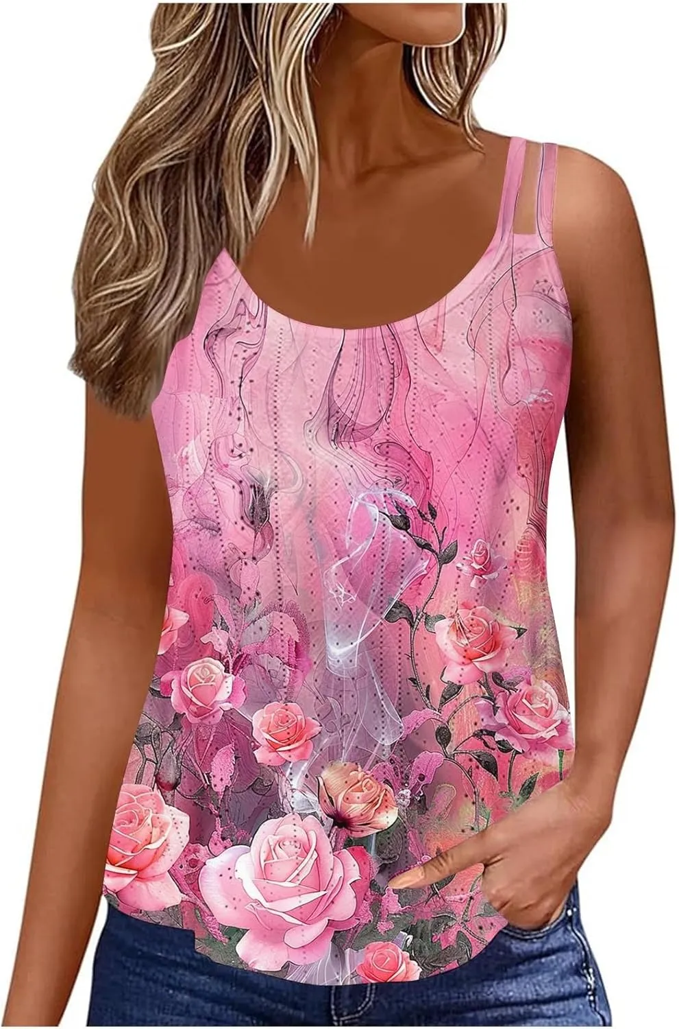 Women Crew Neck Tops Sleeveless Summer Shirts Floral Print Tank Tops Spaghetti Straps Casual Blouses Shirt Flowy Tee