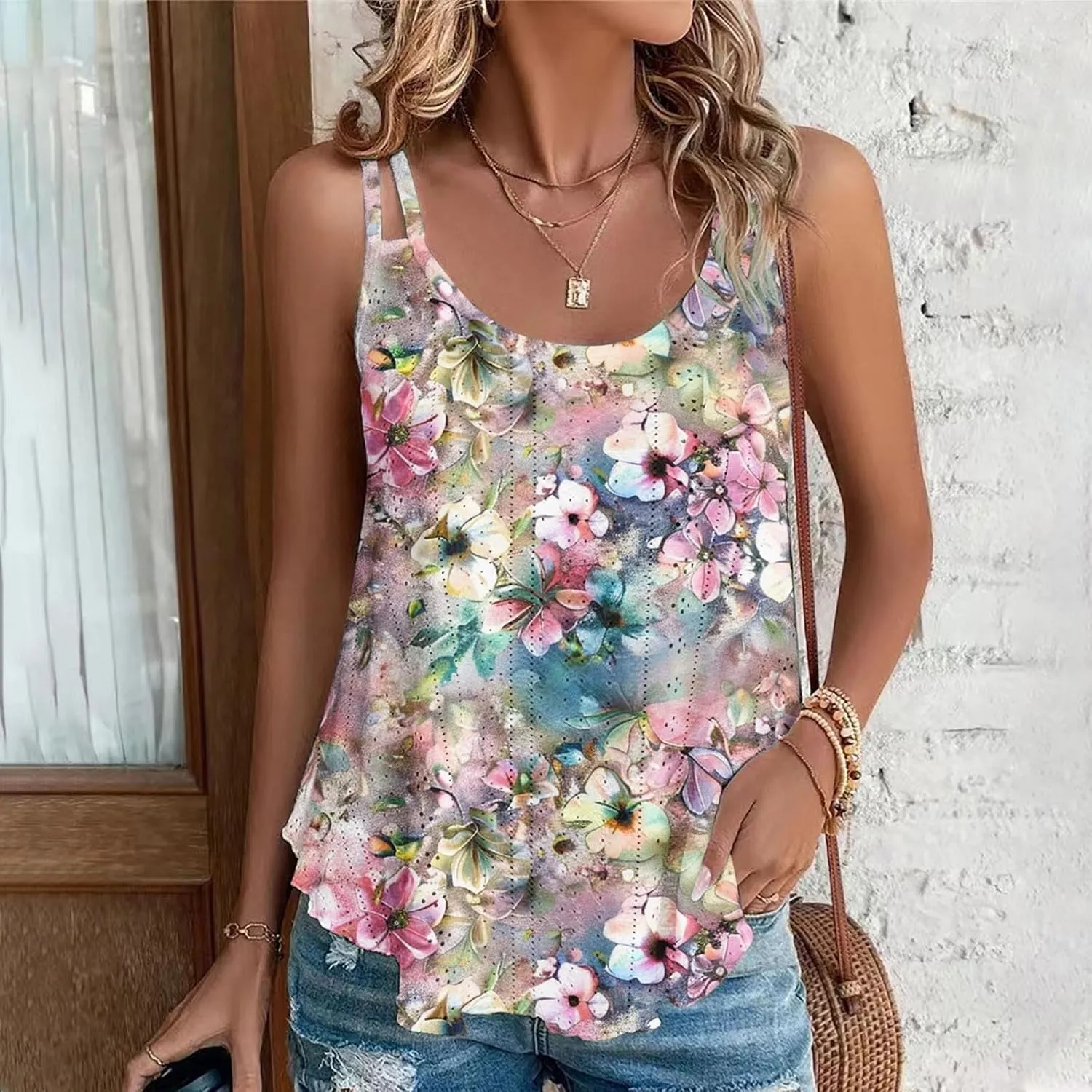 Women Crew Neck Tops Sleeveless Summer Shirts Floral Print Tank Tops Spaghetti Straps Casual Blouses Shirt Flowy Tee