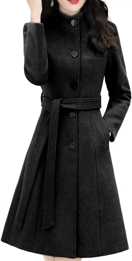 Women Outwear Long Sleeve Super Soft Woolen Coat Slim Fit Belt Trench Coat