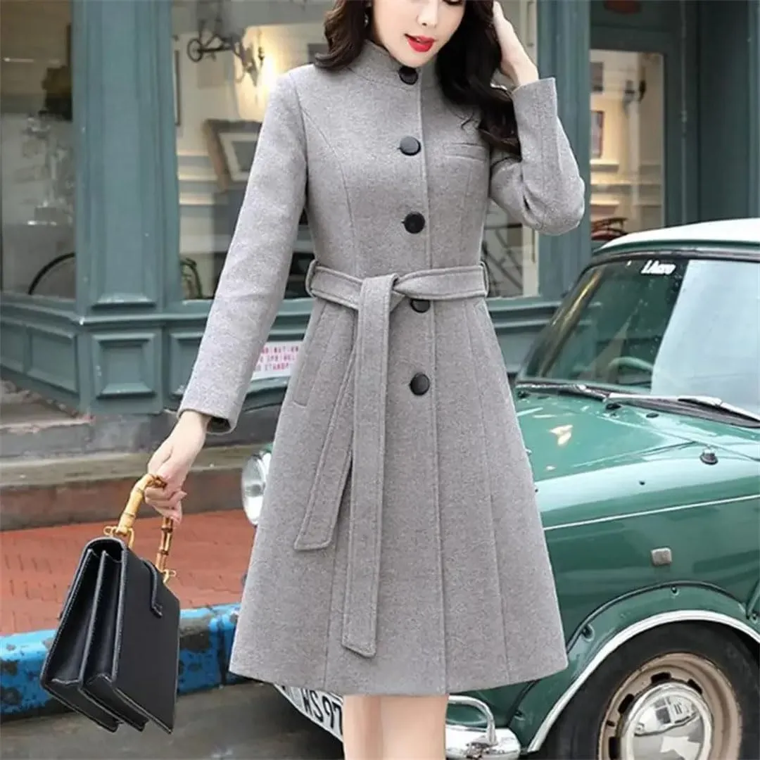 Women Outwear Long Sleeve Super Soft Woolen Coat Slim Fit Belt Trench Coat
