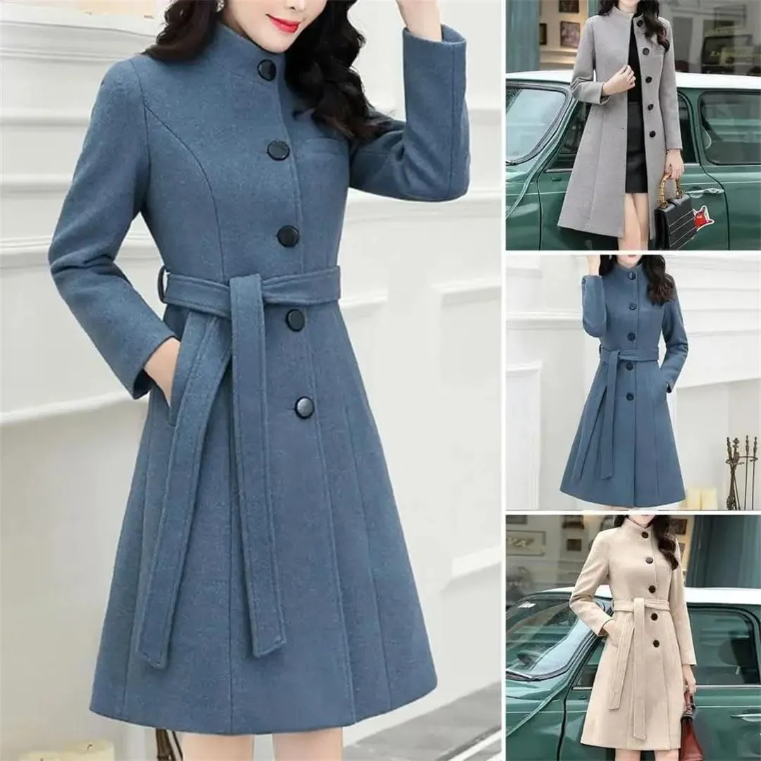 Women Outwear Long Sleeve Super Soft Woolen Coat Slim Fit Belt Trench Coat