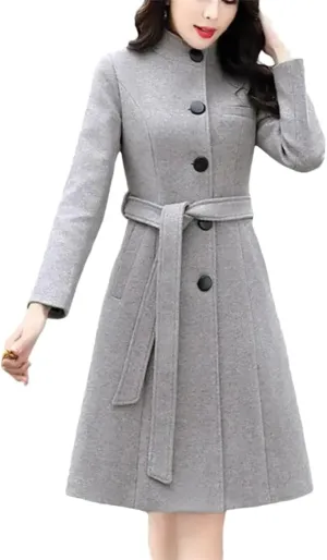 Women Outwear Long Sleeve Super Soft Woolen Coat Slim Fit Belt Trench Coat