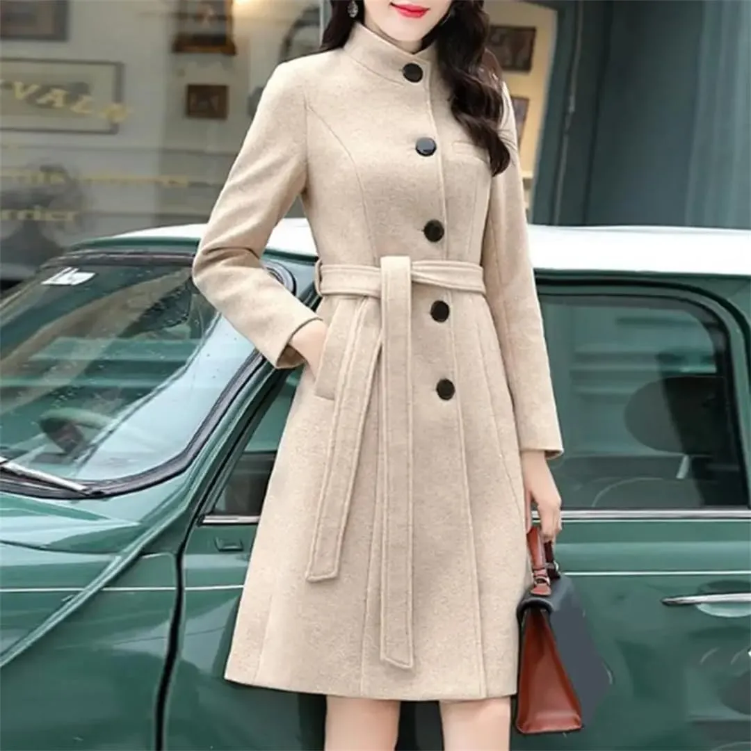 Women Outwear Long Sleeve Super Soft Woolen Coat Slim Fit Belt Trench Coat