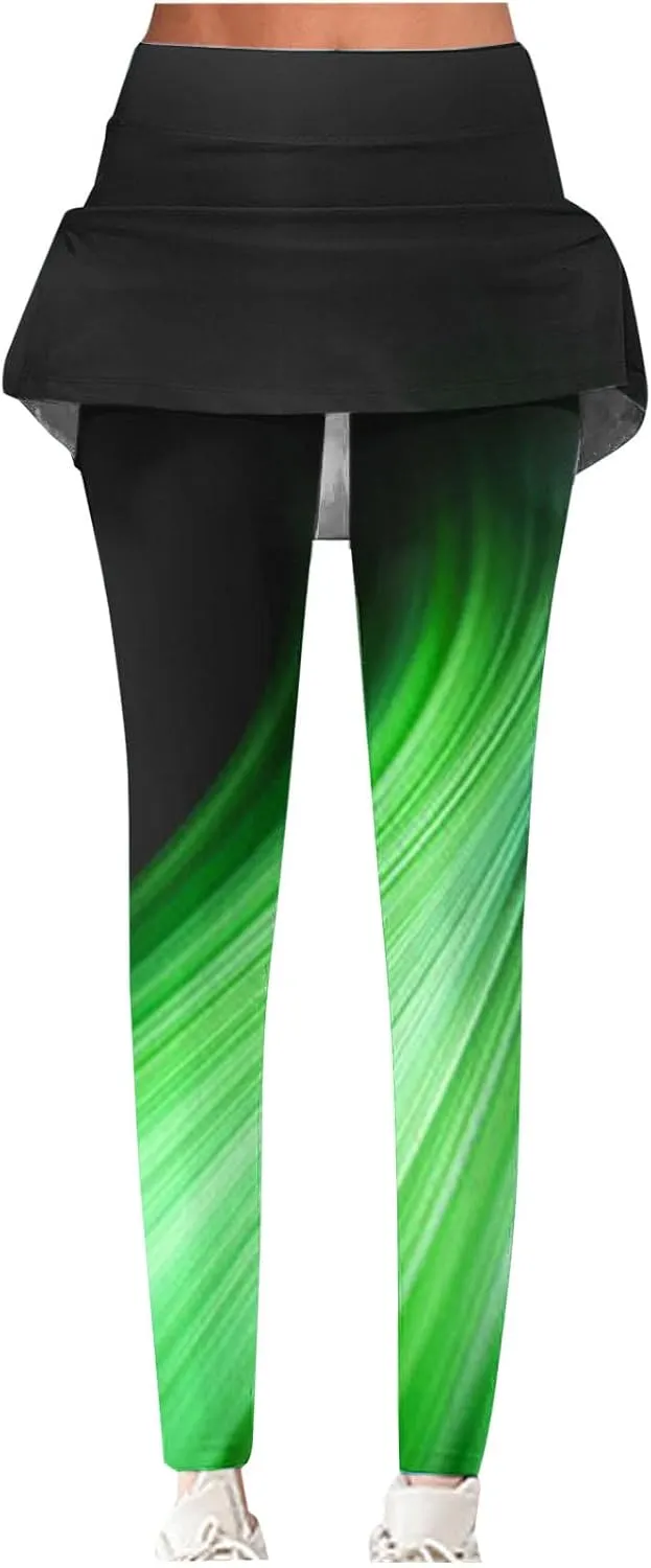 Women Tennis Yoga Leggings Active Skort Athletic Ruffle Pleated Golf Skapri with Skirt Comfy Stretch Slim Trousers
