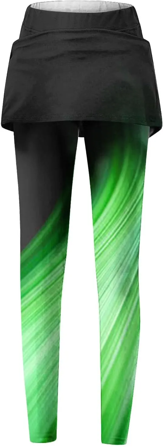 Women Tennis Yoga Leggings Active Skort Athletic Ruffle Pleated Golf Skapri with Skirt Comfy Stretch Slim Trousers