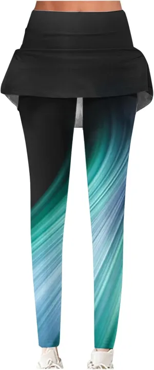 Women Tennis Yoga Leggings Active Skort Athletic Ruffle Pleated Golf Skapri with Skirt Comfy Stretch Slim Trousers