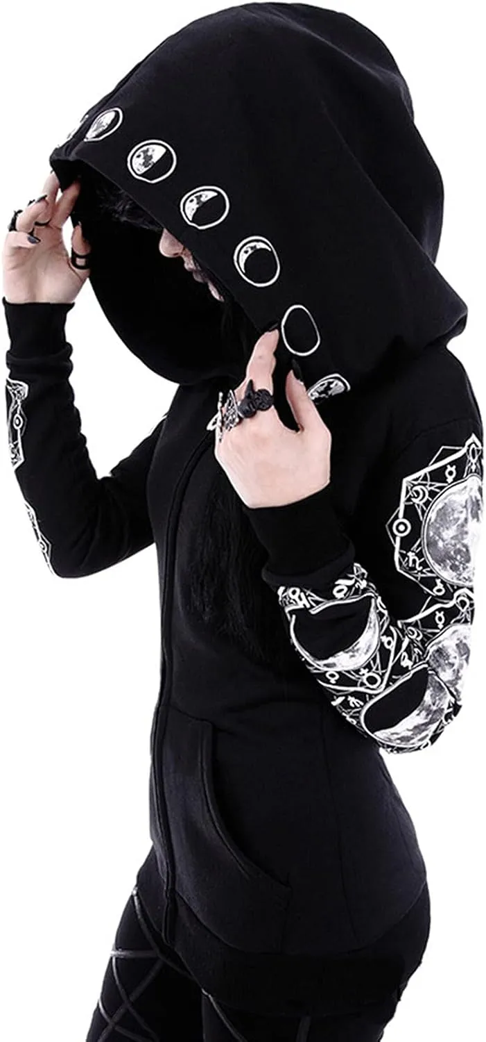 Women Zip Up Hoodies Sweatshirt Black Winter Fall Tops Long Sleeve Pullover Shirt 90s Vintage Emo Punk Gothic Clothes