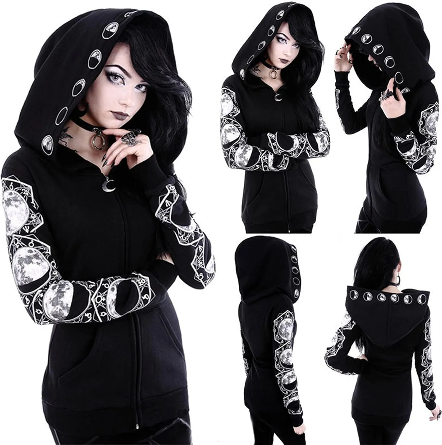 Women Zip Up Hoodies Sweatshirt Black Winter Fall Tops Long Sleeve Pullover Shirt 90s Vintage Emo Punk Gothic Clothes