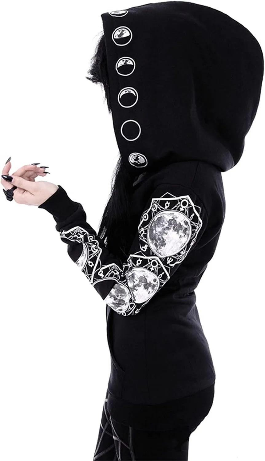 Women Zip Up Hoodies Sweatshirt Black Winter Fall Tops Long Sleeve Pullover Shirt 90s Vintage Emo Punk Gothic Clothes