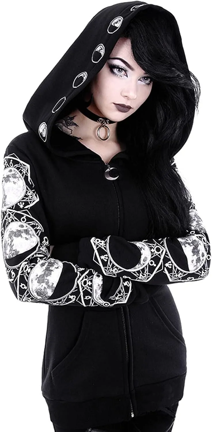 Women Zip Up Hoodies Sweatshirt Black Winter Fall Tops Long Sleeve Pullover Shirt 90s Vintage Emo Punk Gothic Clothes