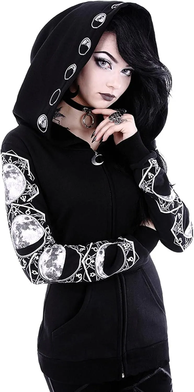 Women Zip Up Hoodies Sweatshirt Black Winter Fall Tops Long Sleeve Pullover Shirt 90s Vintage Emo Punk Gothic Clothes