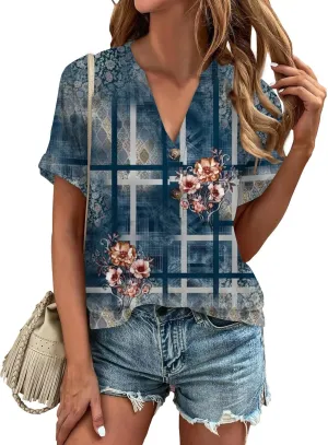 Womens 2024 Summer Tops Floral Short Sleeve V Neck Blouses for Women Dressy Casual Loose Vaction Button Shirts