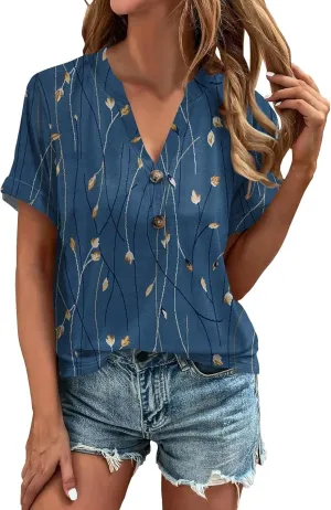 Womens 2024 Summer Tops Floral Short Sleeve V Neck Blouses for Women Dressy Casual Loose Vaction Button Shirts