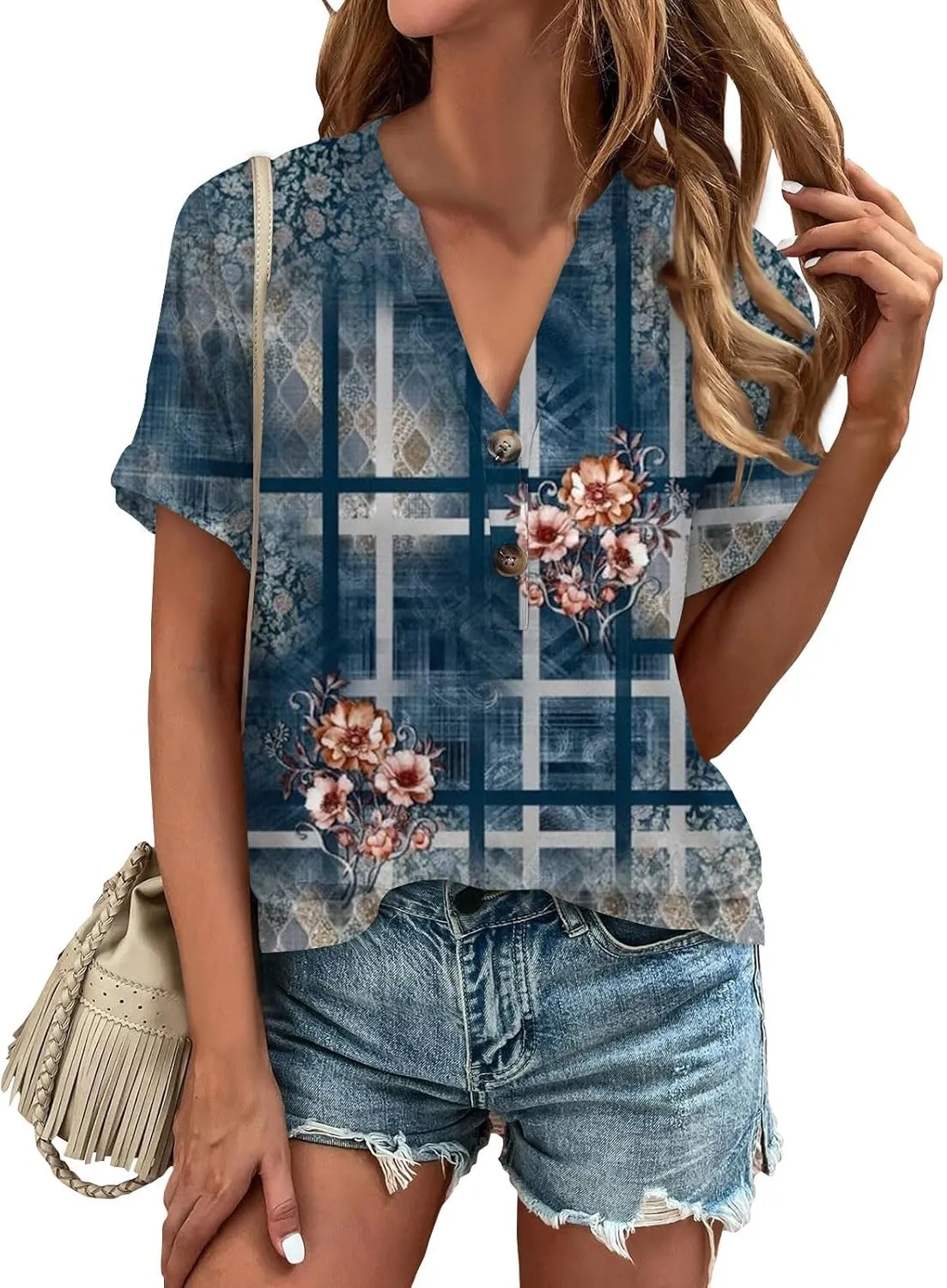 Womens 2024 Summer Tops Floral Short Sleeve V Neck Blouses for Women Dressy Casual Loose Vaction Button Shirts