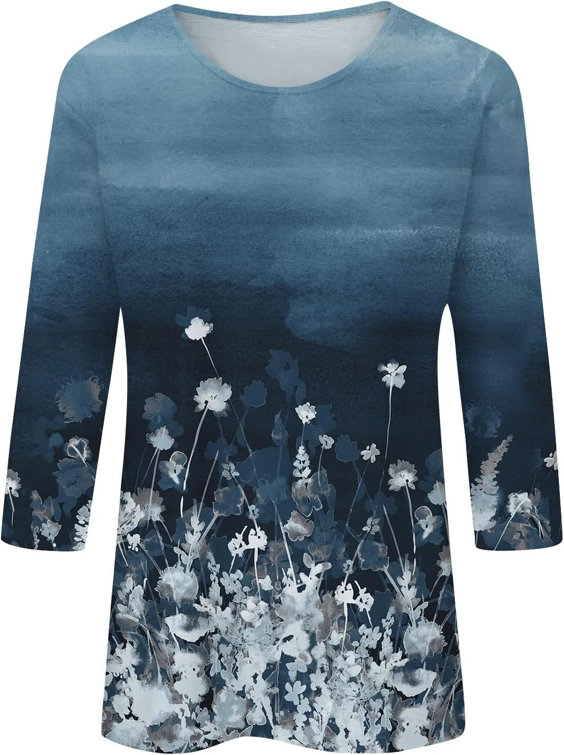 Women's 3/4 Sleeve Shirts Crew Neck Loose Tops Casual Floral Printed Tshirts Trendy Basic Tunic Summer Ladies Tops