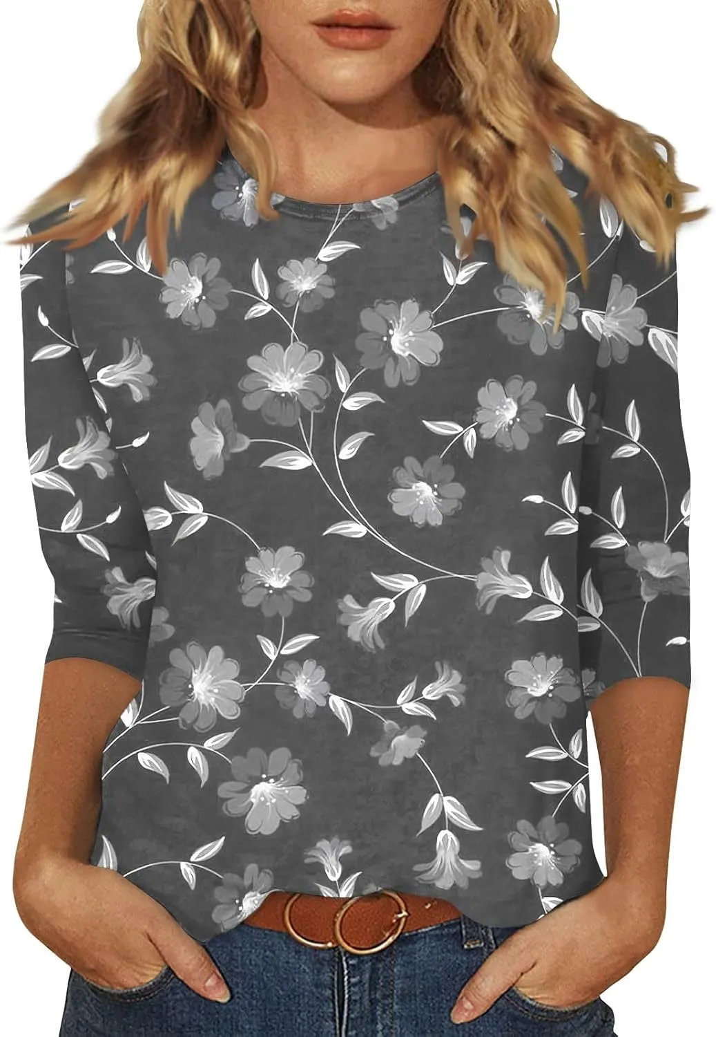 Womens 3/4 Sleeve Tops 2025 Spring Summer Print Round Neck Shirts Loose Fit Fashion Three Quarter Sleeve Tshirts