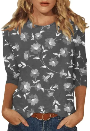 Womens 3/4 Sleeve Tops 2025 Spring Summer Print Round Neck Shirts Loose Fit Fashion Three Quarter Sleeve Tshirts