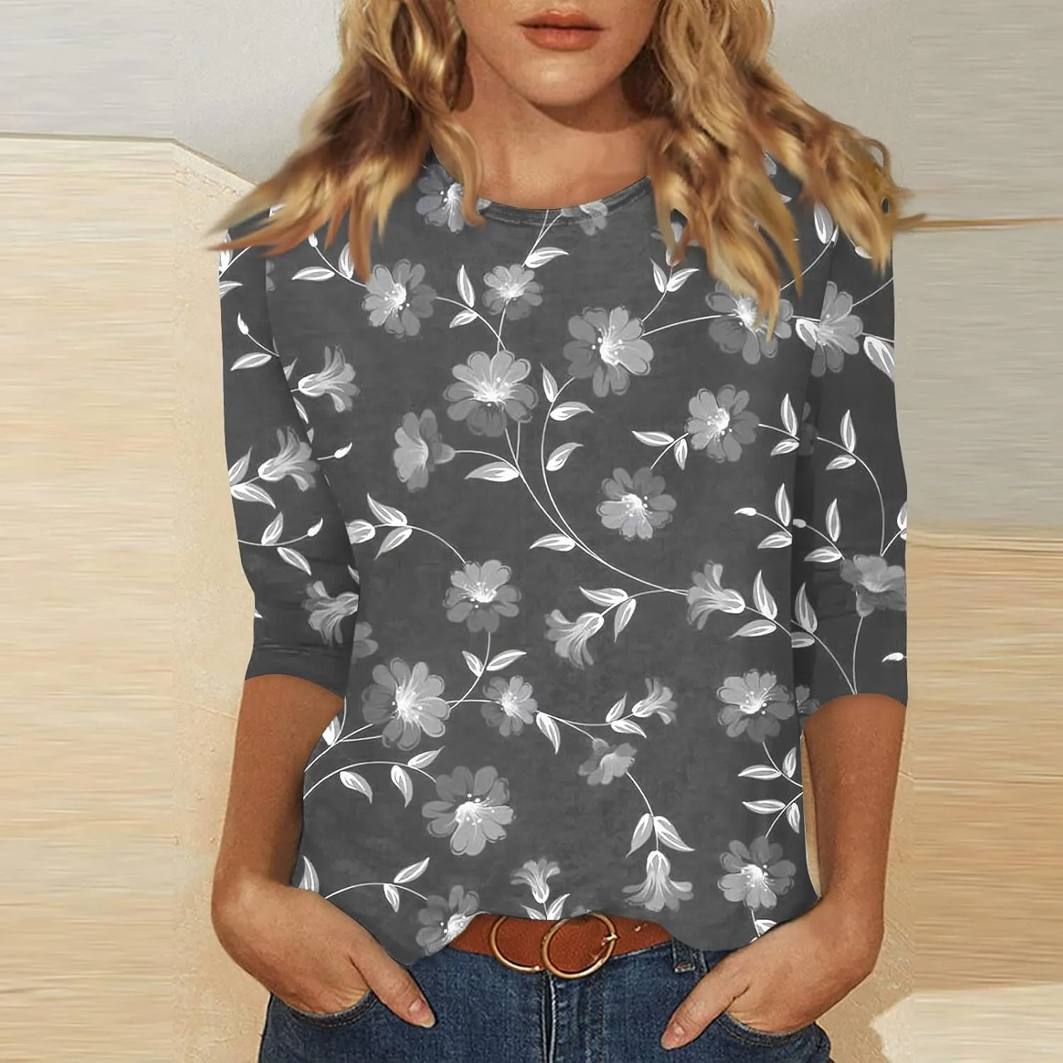 Womens 3/4 Sleeve Tops 2025 Spring Summer Print Round Neck Shirts Loose Fit Fashion Three Quarter Sleeve Tshirts