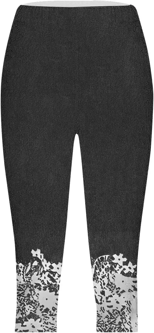 Womens Capri Leggings High Waisted Slim Fashion Floral Print Trousers Knee Length Comfy Stretch Yoga Cropped Pants