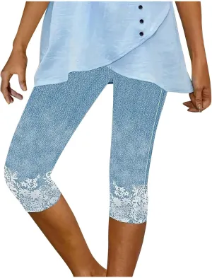Womens Capri Leggings High Waisted Slim Fashion Floral Print Trousers Knee Length Comfy Stretch Yoga Cropped Pants