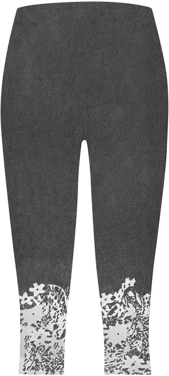 Womens Capri Leggings High Waisted Slim Fashion Floral Print Trousers Knee Length Comfy Stretch Yoga Cropped Pants