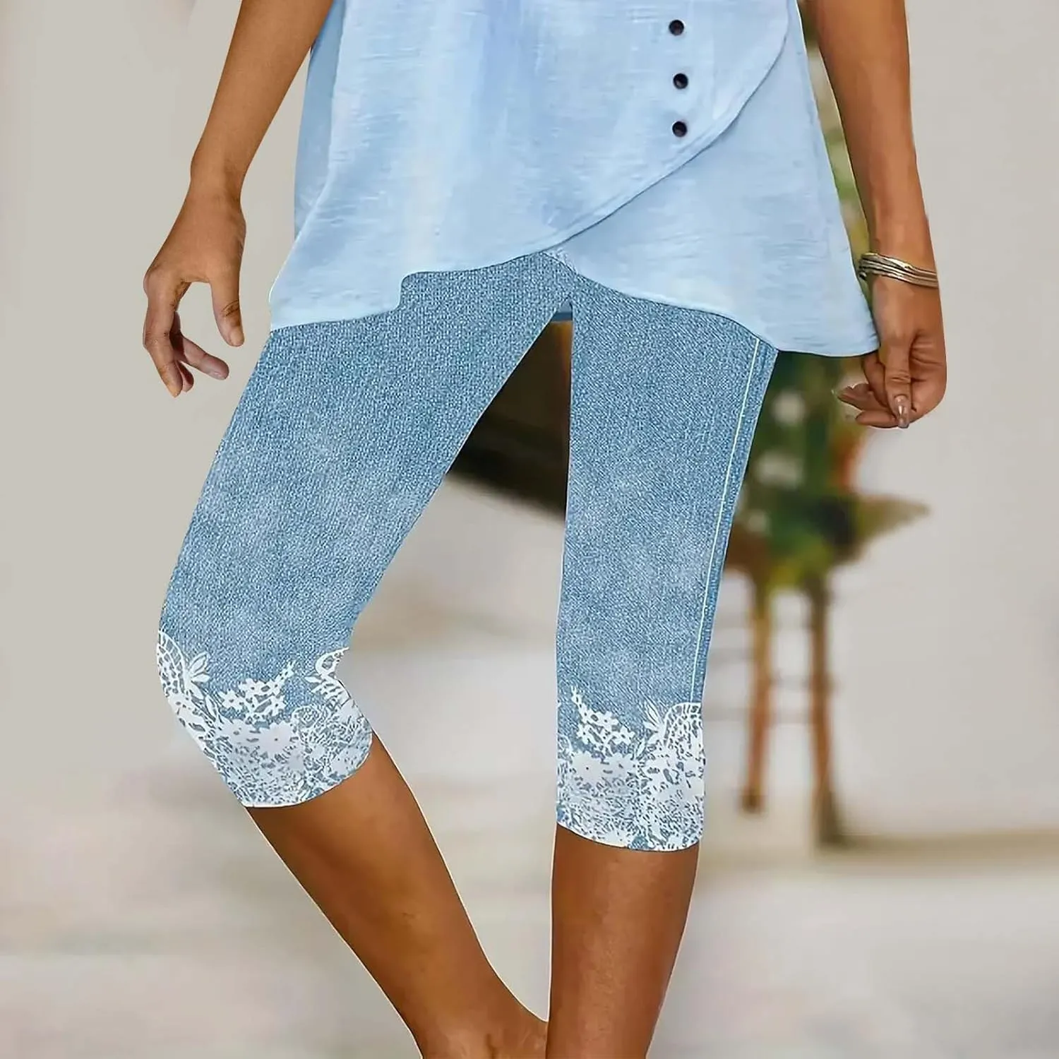 Womens Capri Leggings High Waisted Slim Fashion Floral Print Trousers Knee Length Comfy Stretch Yoga Cropped Pants