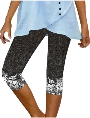 Womens Capri Leggings High Waisted Slim Fashion Floral Print Trousers Knee Length Comfy Stretch Yoga Cropped Pants