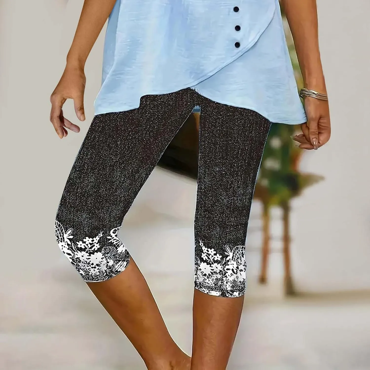 Womens Capri Leggings High Waisted Slim Fashion Floral Print Trousers Knee Length Comfy Stretch Yoga Cropped Pants