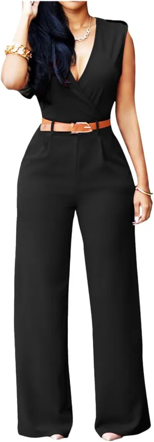 Womens Dressy Jumpsuit Split V Neck Sleeveless Wide Leg Long Pants Romper Overalls Casual Elegant Business Work Clothes