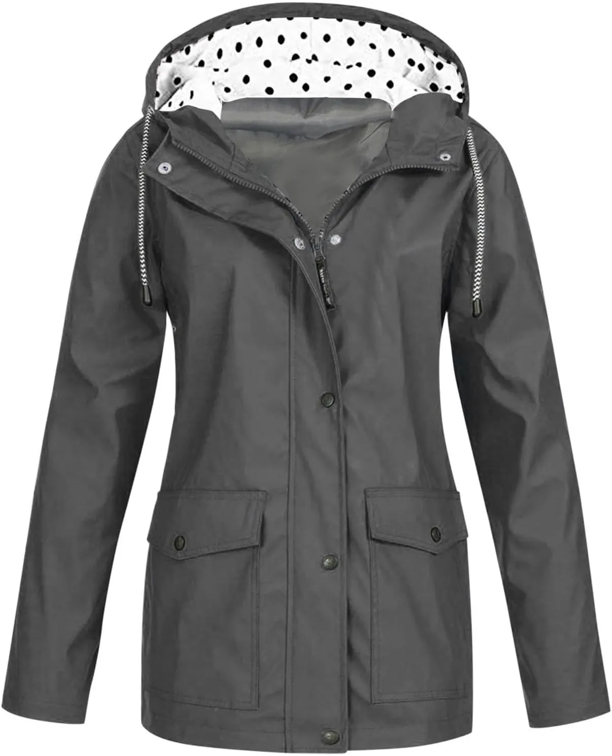 Womens Fashion Rain Jacket with Hood Plus Size Lightweight Windbreaker Zip Up Drawstring Raincoat Windproof Trench Coat