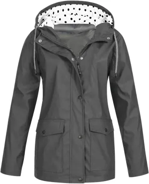 Womens Fashion Rain Jacket with Hood Plus Size Lightweight Windbreaker Zip Up Drawstring Raincoat Windproof Trench Coat