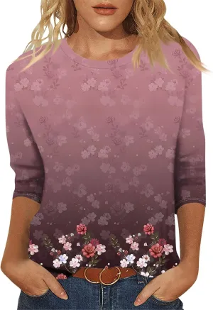 Women's Floral Print Casual T-Shirt, Purple Design,Comfortable and Stylish,Perfect for Everyday Wear