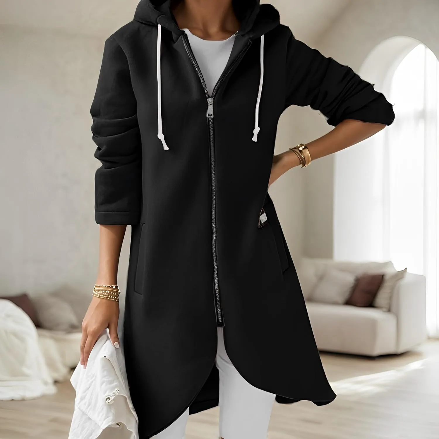 Women's Long Zip Up Oversized Hoodie Casual Loose Tunic Long Sleeve Sweatshirt Open Front Cardigan Jacket with Pockets