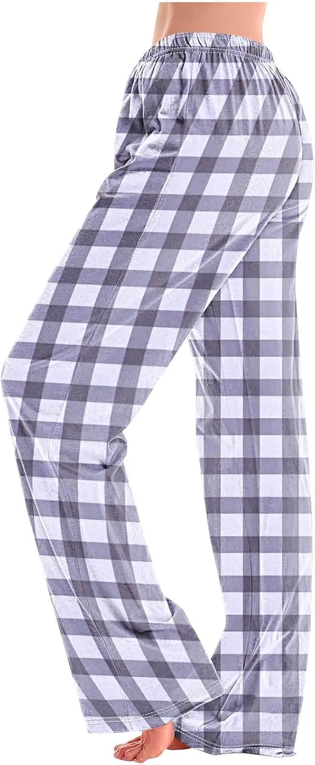 Women's Pajama Pants Wide Leg Yoga Pants Lounge High Waist Pants Comfy Stretch Plaid Pj Bottoms Trousers Loungewear