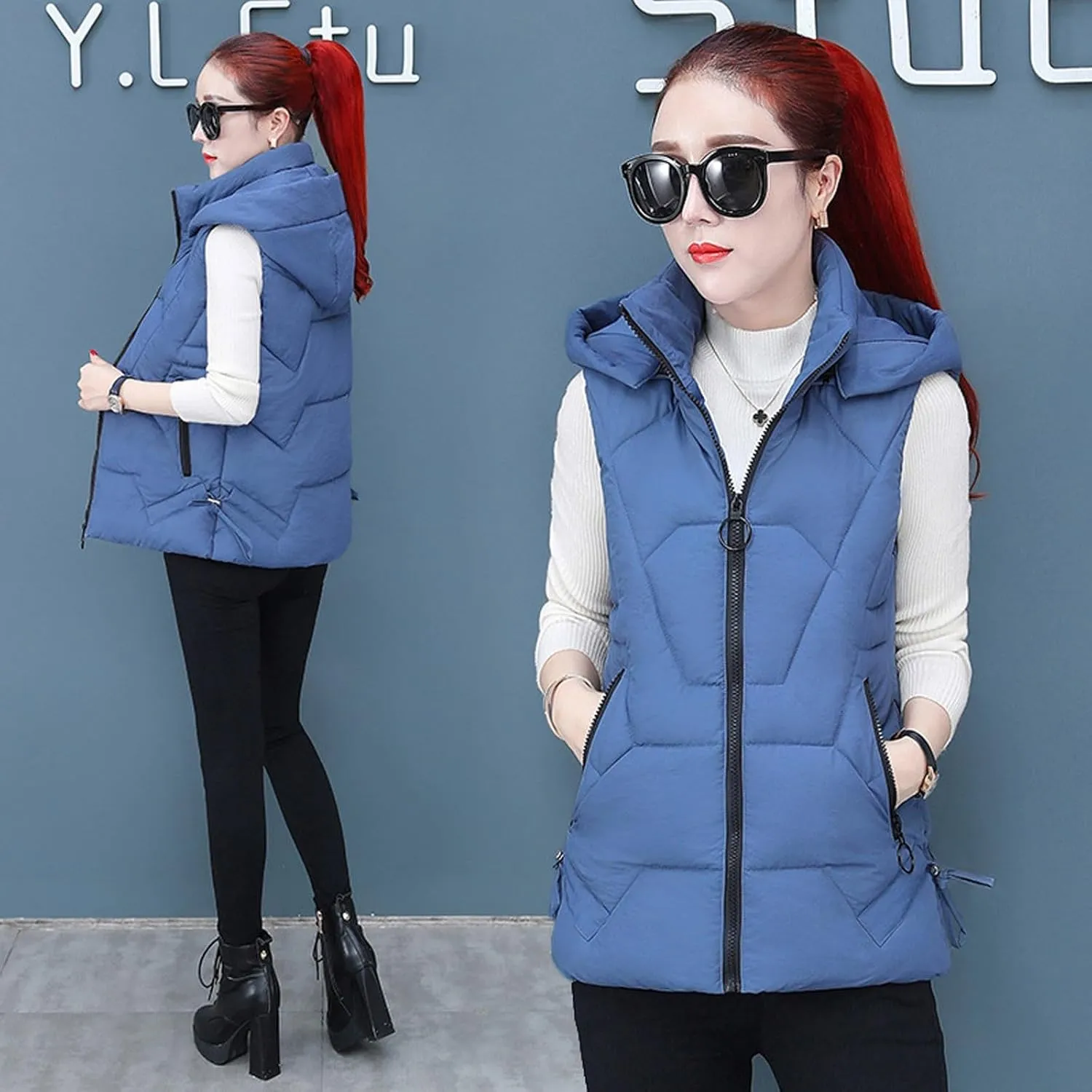 Women's Plus Size Fleece Vests Hooded Sleeveless Jackets Zip Up Fall Winter Lightweight Warm Outerwear with Pockets