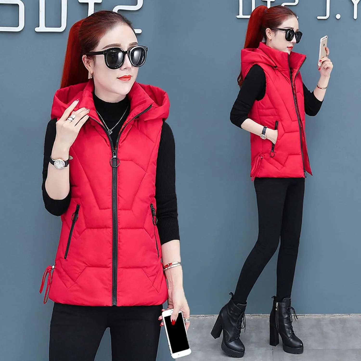 Women's Plus Size Fleece Vests Hooded Sleeveless Jackets Zip Up Fall Winter Lightweight Warm Outerwear with Pockets