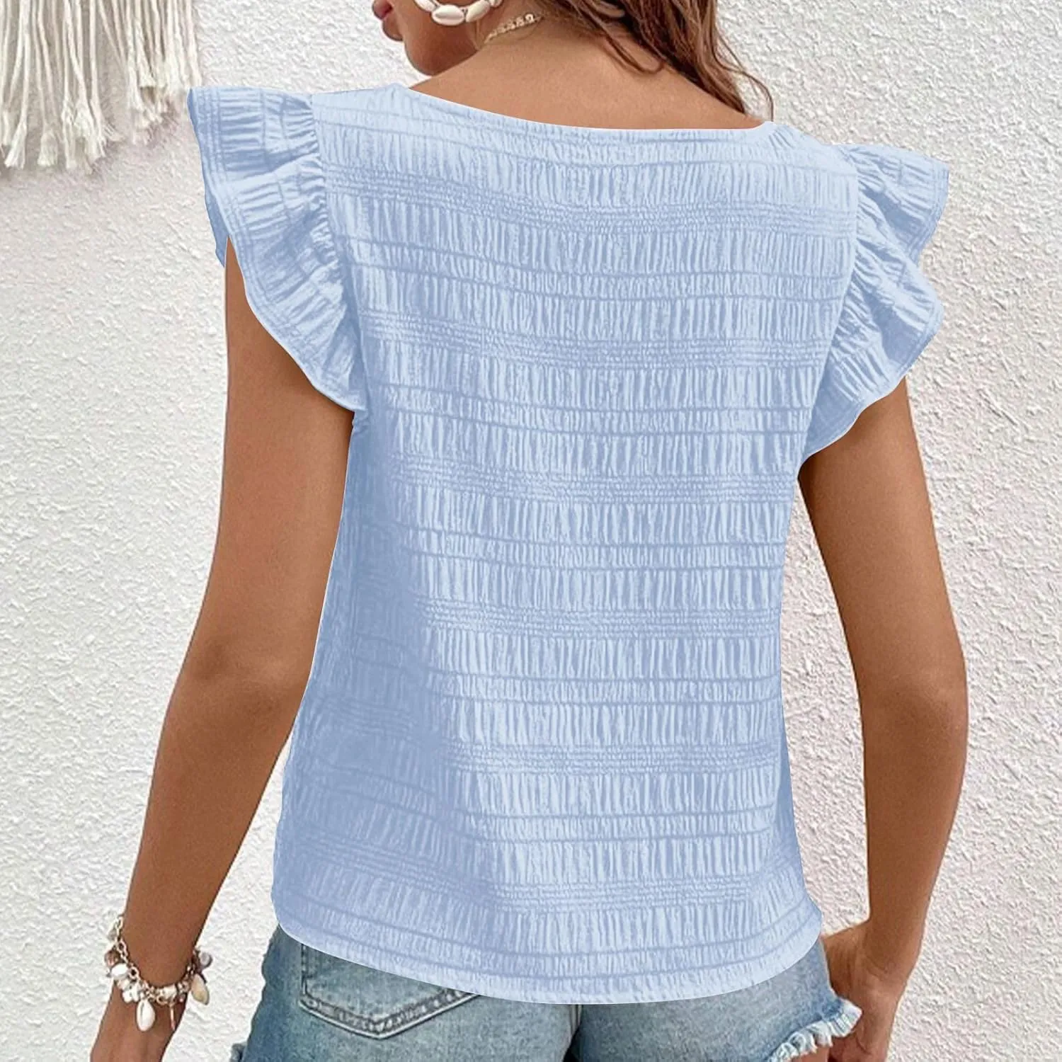 Womens Ruffle Cap Sleeve Tops Petite Crop Square Neck Blouses Dressy Casual Summer Daily T Shirts Going Out Tunic
