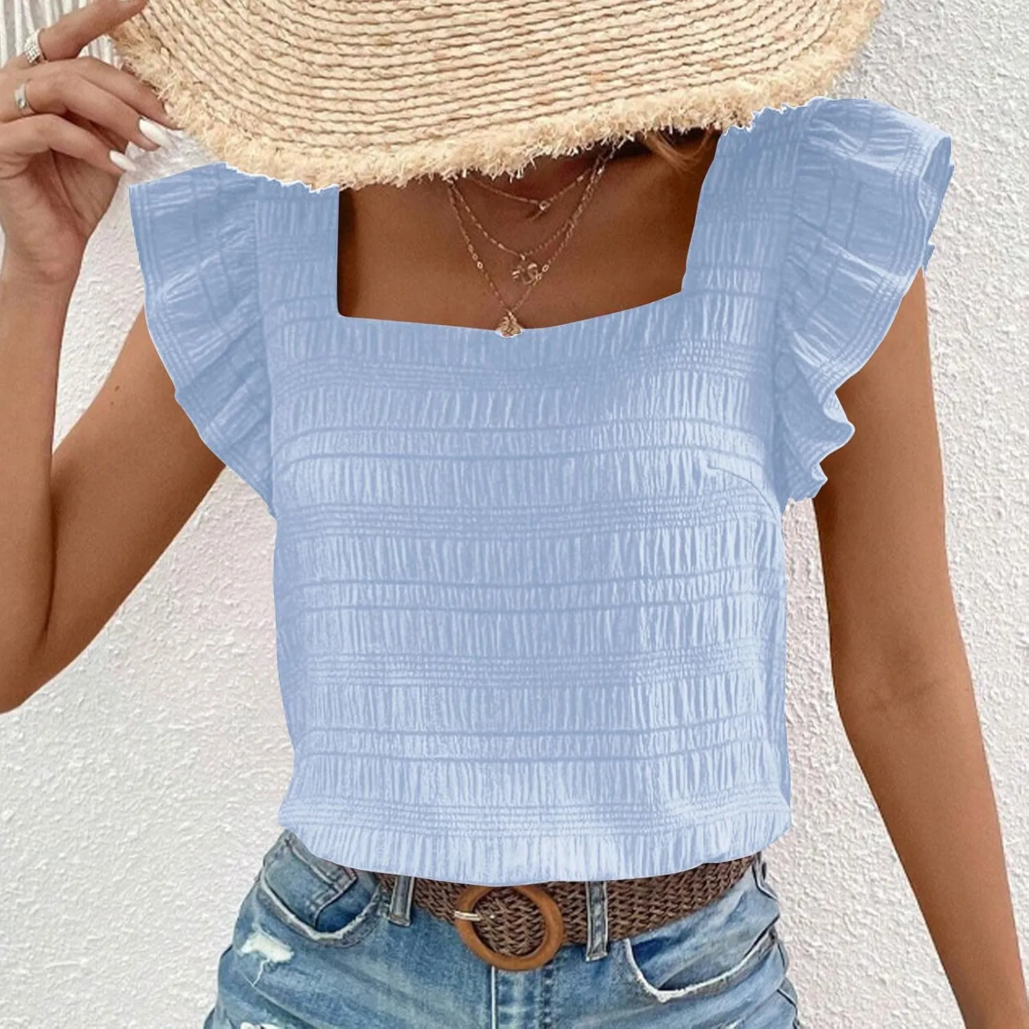 Womens Ruffle Cap Sleeve Tops Petite Crop Square Neck Blouses Dressy Casual Summer Daily T Shirts Going Out Tunic