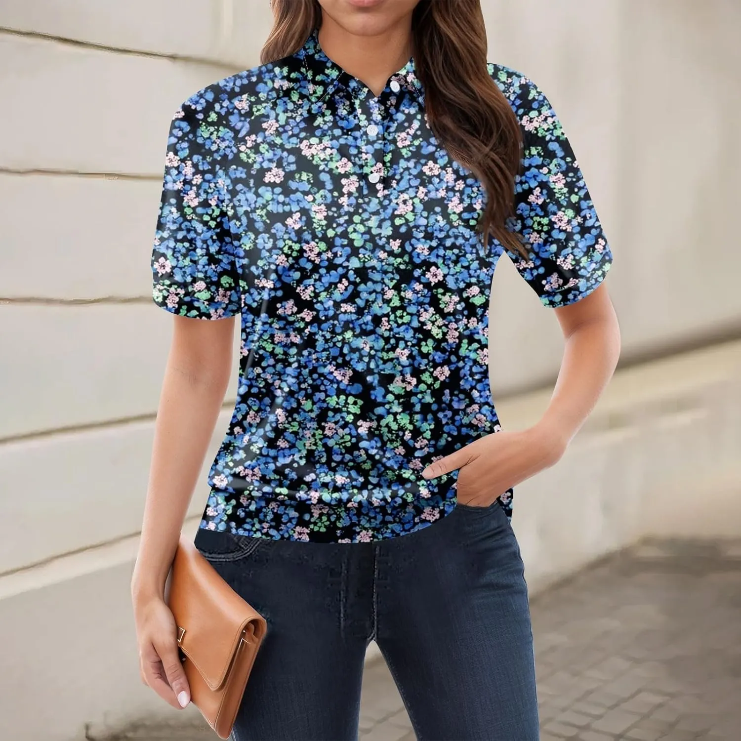 Womens Shirts Casual Short Sleeve Summer Tops Trendy Floral Print Blouses Lapel Collared Work Outfits