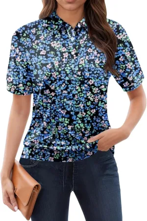 Womens Shirts Casual Short Sleeve Summer Tops Trendy Floral Print Blouses Lapel Collared Work Outfits